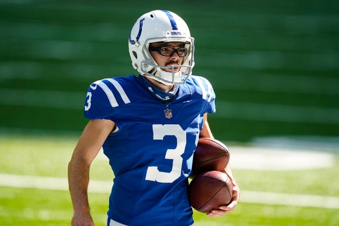 Indianapolis Colts kicker Rodrigo Blankenship (3) before an NFL football game against the New York Jets in Indianapolis, Sunday, Sept. 27, 2020.